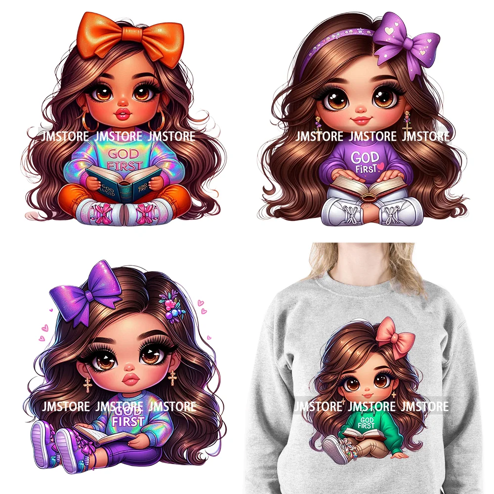 God First Chibi Cute Brown Hair Latina Dolls Baby Girls Coquette Bow Iron On DTF Transfer Stickers Ready To Press For Hoodies