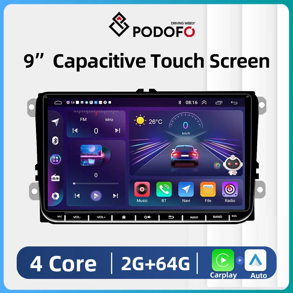 Podofo Android Car Radio Carplay 2Din GPS Stereo Receiver for VW Volkswagen Golf Polo Skoda Octavia Tiguan Passat B6 B7 Player