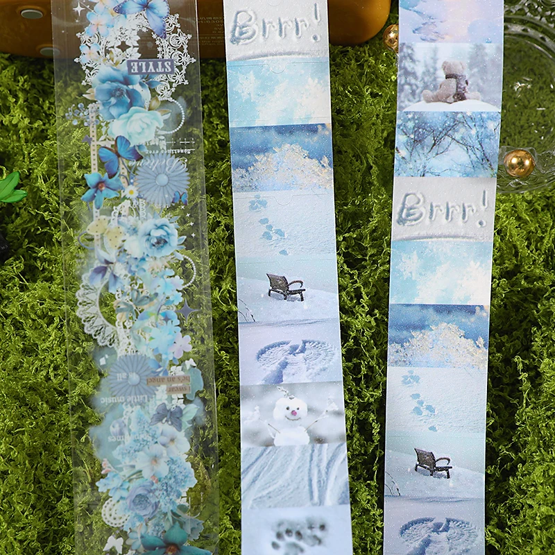 4 Styles PET Washi Tape Blue Floral Lace Moss Forest Mushroom Winter Snow Landscape Tape For Journal Scrapbooking DIY Crafts