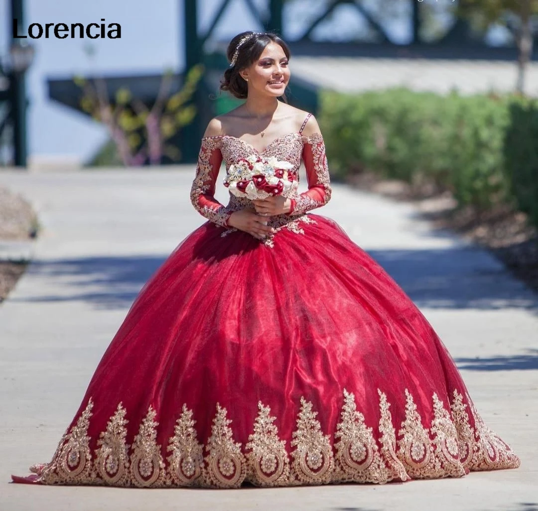 فستان Quinceanera أحمر مخصص مزين بالدانتيل الذهبي ثوب حفلة مطرز بأكمام طويلة سباغيتي حلو 16 فيستدوس دي 15 أنيو YQD671