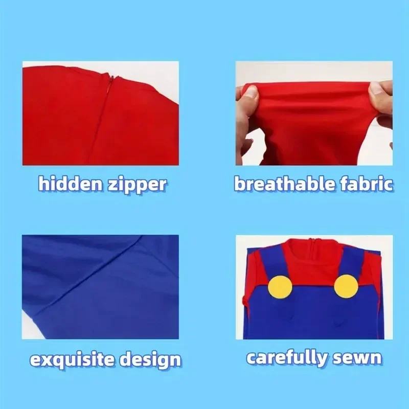 Fato de canalizador infantil com chapéu e máscara, bigode, luvas, macacão, festa de Halloween, vestir, jogo de desenhos animados, roupa cosplay para menino e menina