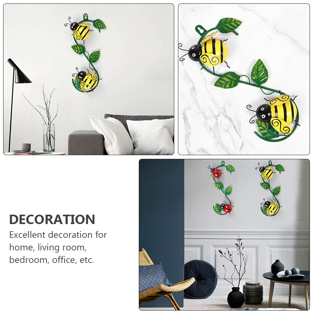 

Iron Bee Wall Hanging Decor Pendant For Home Bedroom Living Room Office Creative Hollowed-Out Design Green Leaves Lifelike Bees