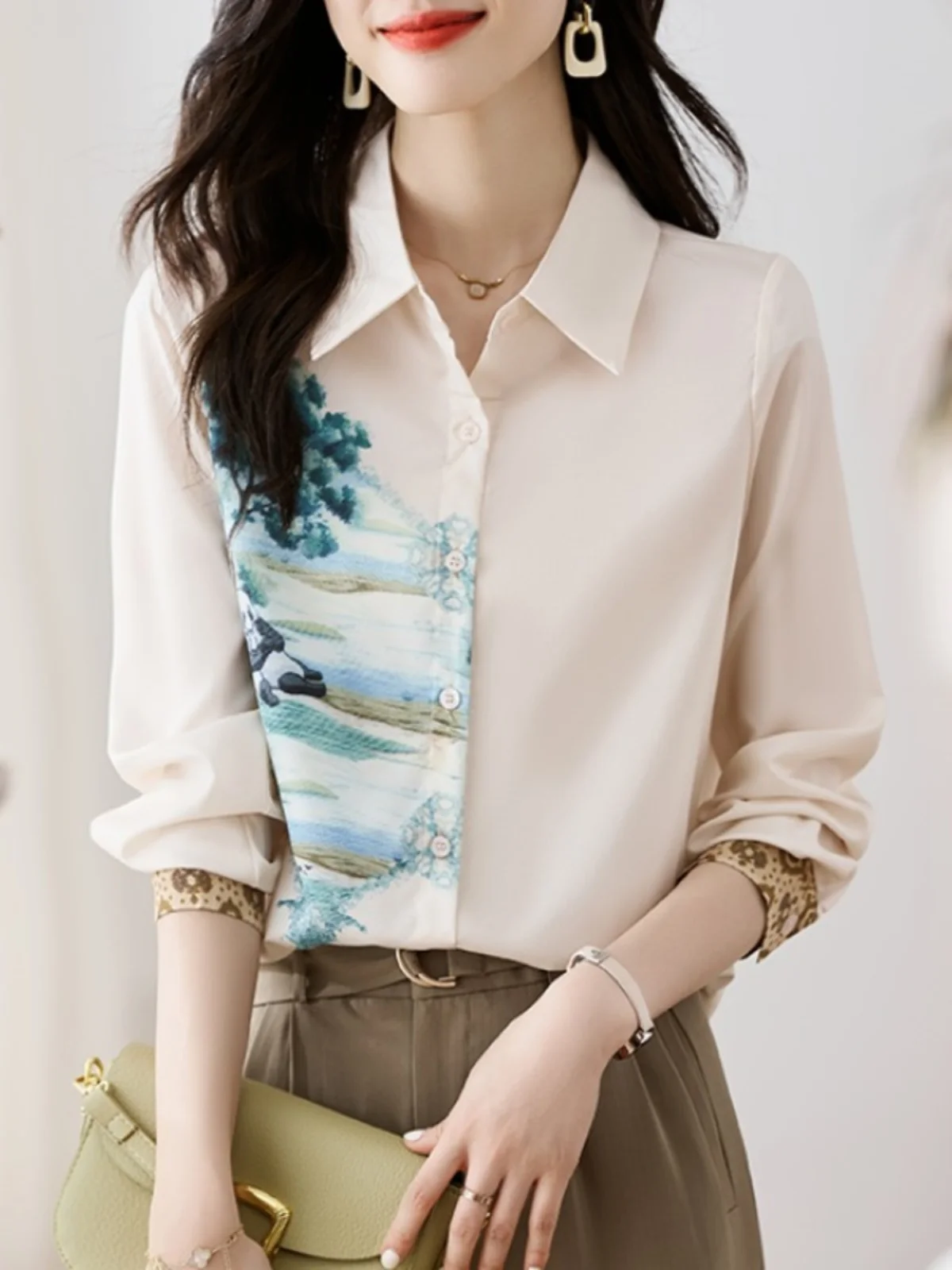 

Silk Blend Women's Long Sve irt Versatile Water-Mark Print Commute Sle Straight Cut Polyester Fiber Open Cardigan