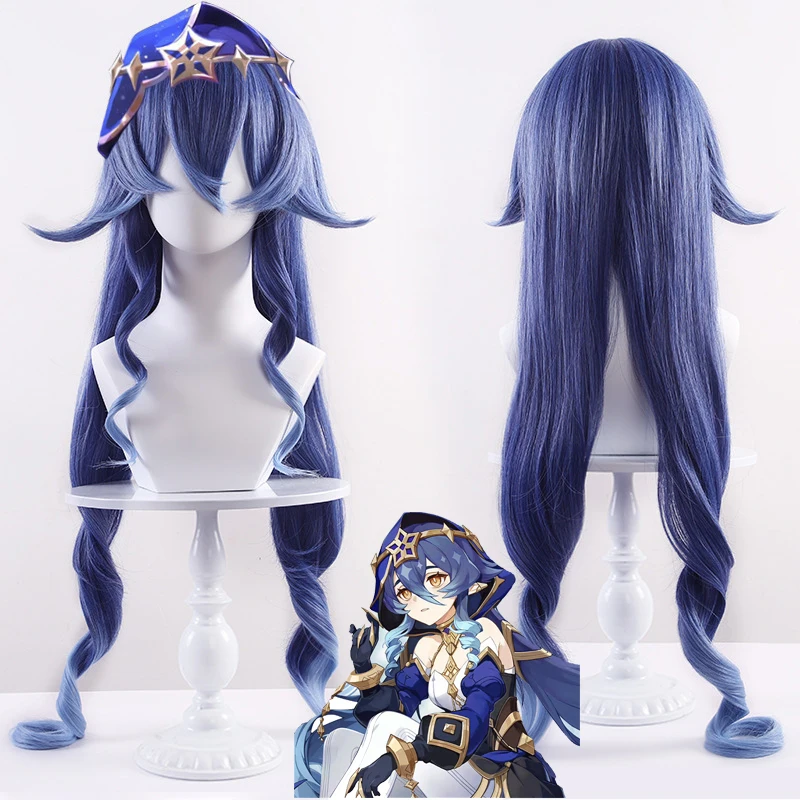 Game Genshin Impact Layla Cosplay Wig Gradient Blue Curly Hairs Anime Cosplay Wigs Heat Resistant Women Wigs Halloween + Wig Cap