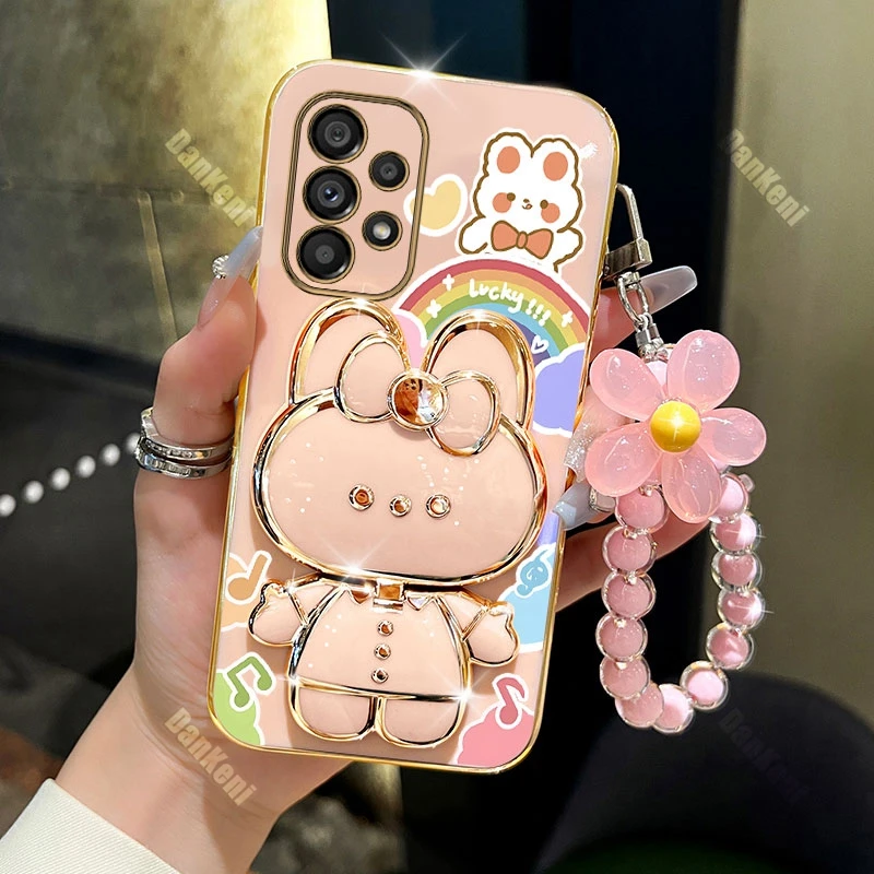 A53 A54 Lucky Rabbit Holder Bracelet Plating Phone Case For Samsung A53 A51 A54 A55 A52S A25 A34 A35 A50S A52 A50 A42 A33 Cover