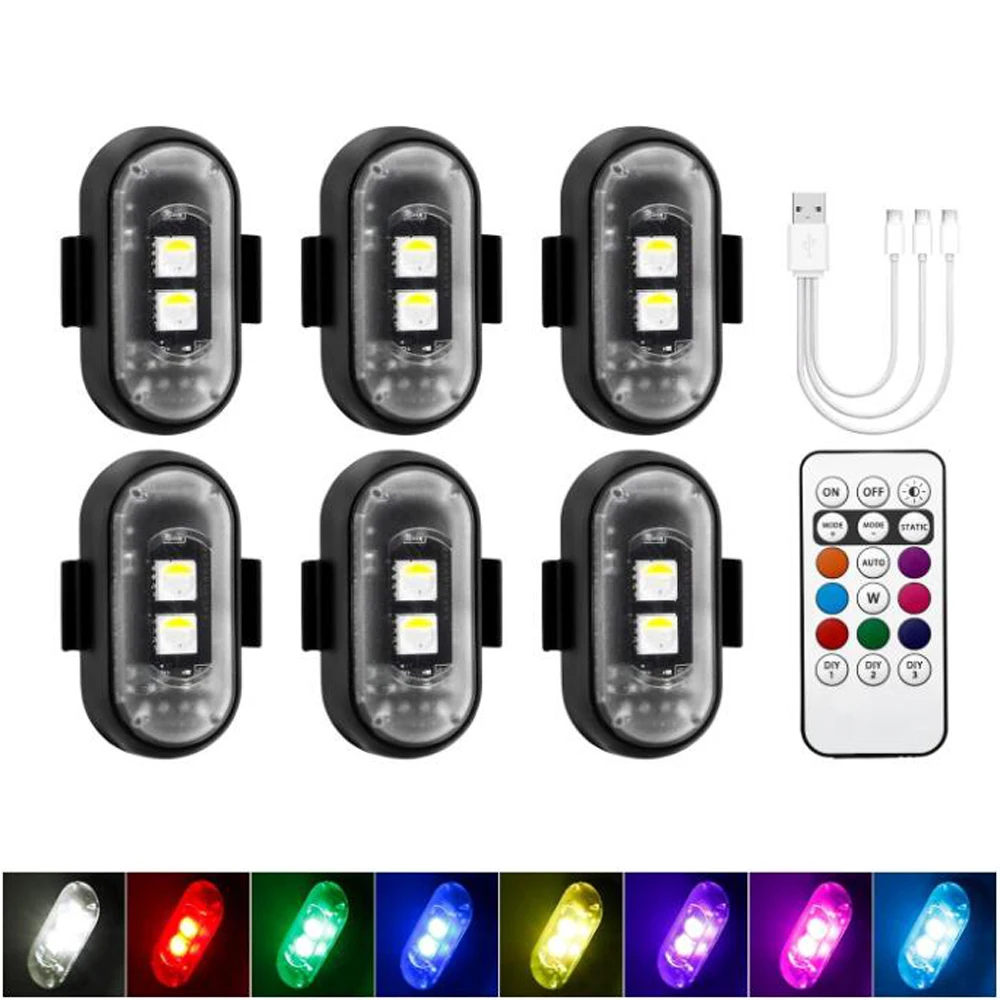 

6 беспроводных RGB светодиодных стробоскопов для самолетов, дистанционное управление, 8 цветов, режимы вспышки, зарядка через USB, аварийная сигнальная лампа для предотвращения столкновений