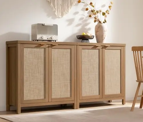 خزانة بوفيه جانبية من Boho Rattan مع أرفف قابلة للتعديل، وحدة تحكم مزرعة من خشب البلوط للمطبخ، غرفة المعيشة، المدخل، قطعتان #2