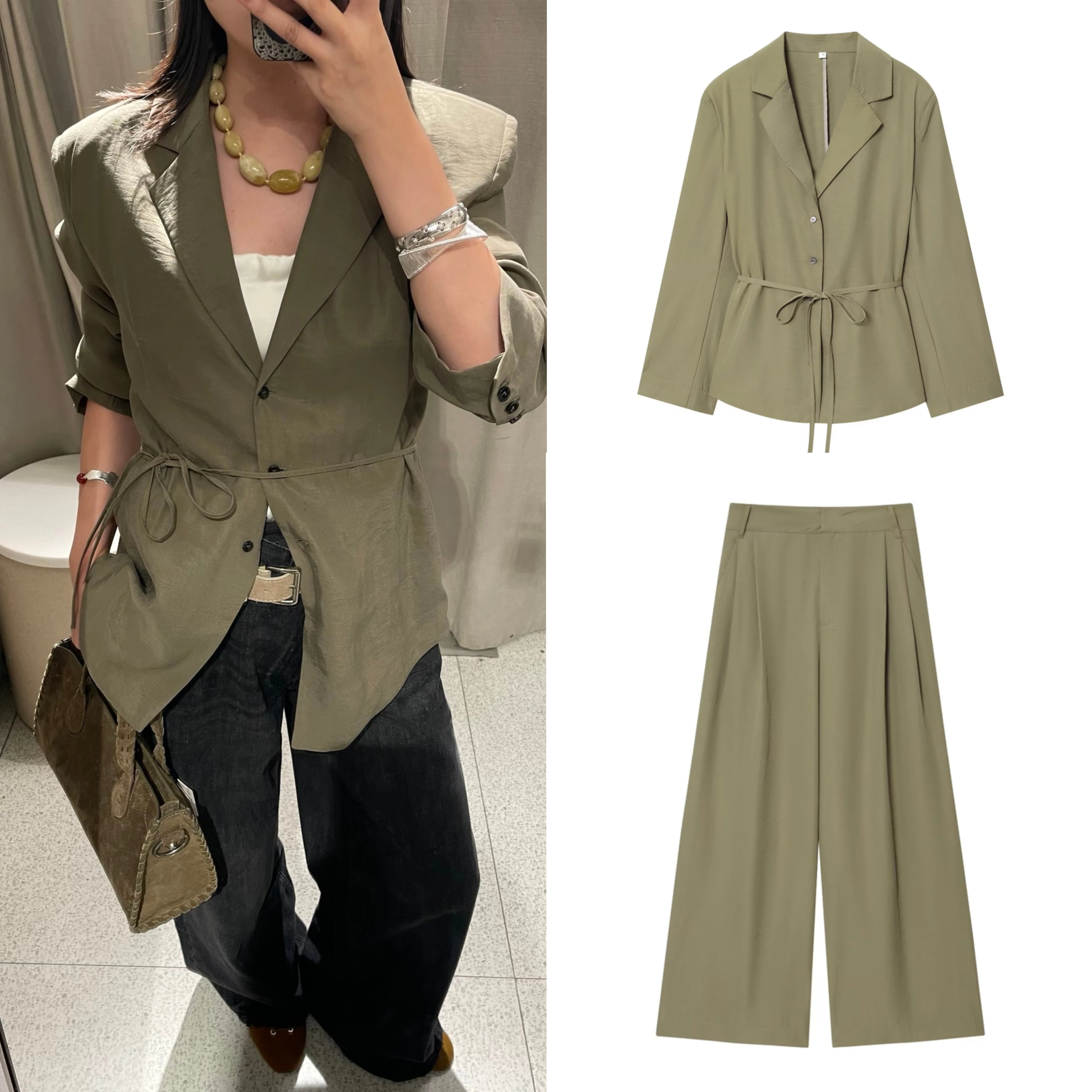 بدلة نسائية جديدة لعام 2025 خريف الجيش الأخضر بأكمام طويلة مع منصات الكتف الدانتيل متابعة السترة السراويل دعوى موضة عادية بسيطة شخصية #1