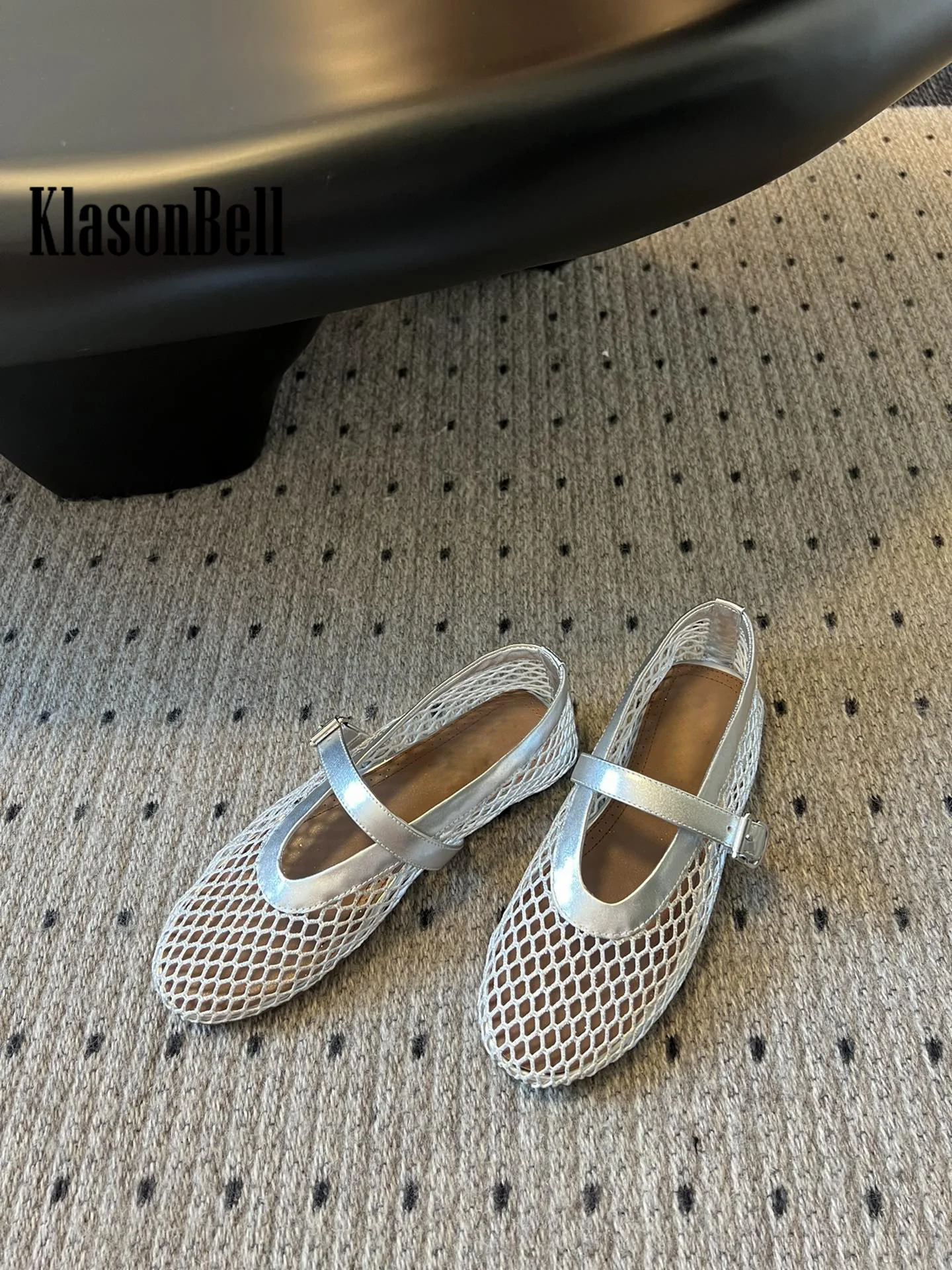 6.25 KlasonBell Women Hollow Out Mesh Breathable Comfortable Flat Shoes  Buckle Strap Genuine Leather Round Toe Sandals