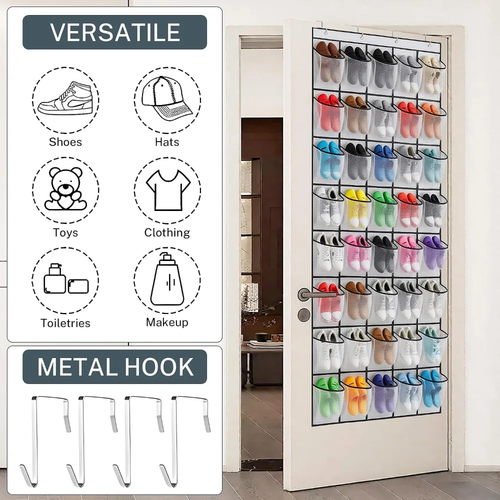 40-Pocket Over Door Shoe Organizer, Hanging Shoe Rack for Closet Door, Non-Woven Fabric, Holds 20 Pairs, White view 2
