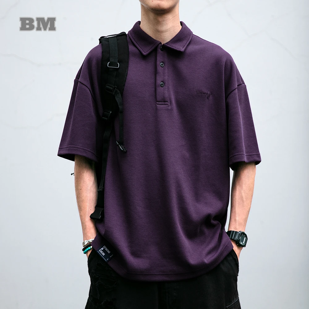 Men Summer Heavyweight Japanese Polo Shirt Loose Fit High Quality Cotton Short Sleeve Harajuku Vintage Embroidery Casual Top