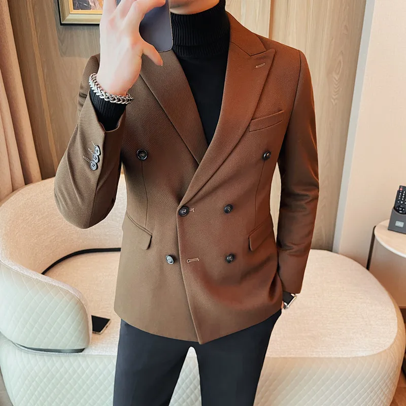 British Style New Double-breasted Blazer Jacket Men Clothing Business Formal Wear Slim Fit Casual Tuxedo Suit Coats High Quality