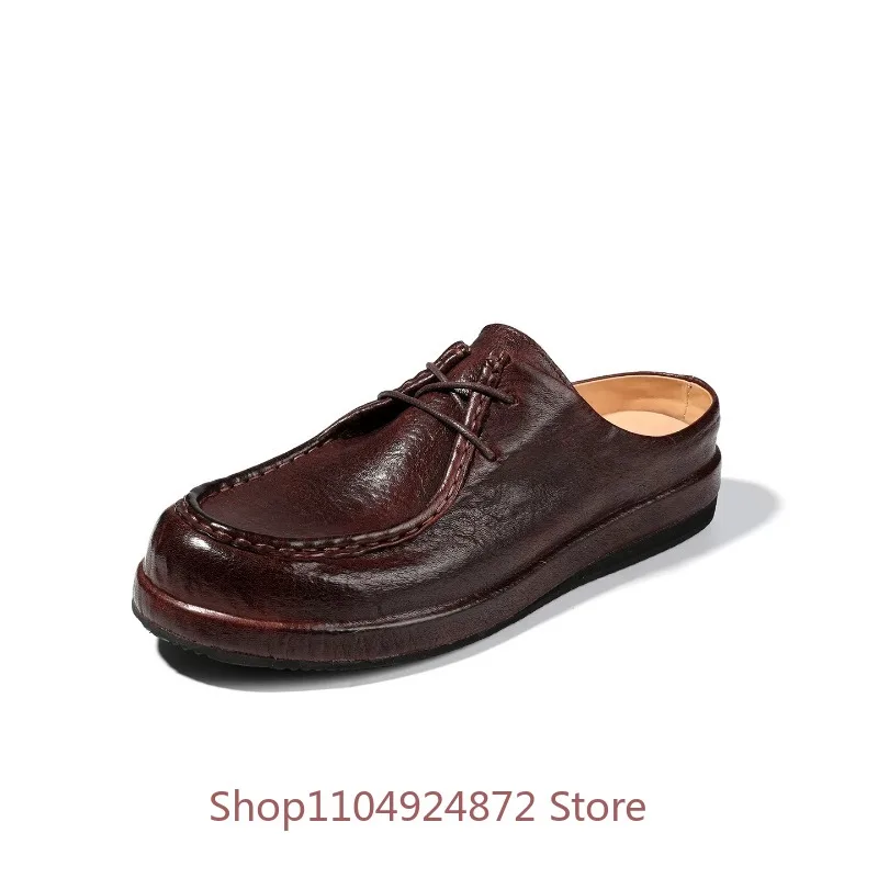 Old Money Style Men Shoes Genuine Leather Backless Moccasin Mules Lace Up Slip on Vintage Platform Casual Slide Shoes