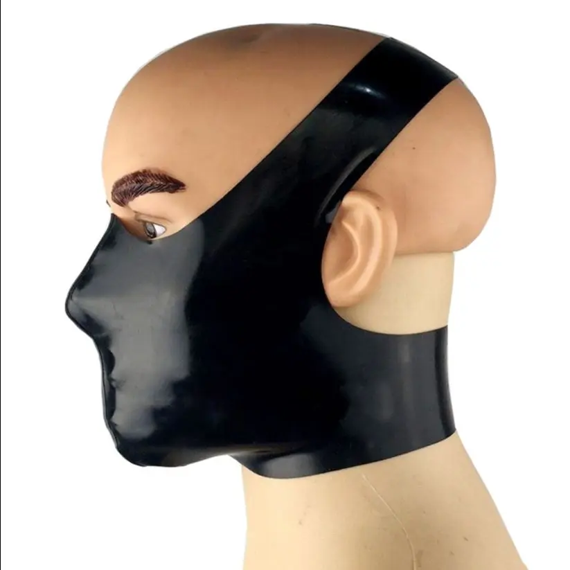 Black Latex Gummi Women Men Rubber Fetish Mask Mouth Cover Handmade Headpiece RLM268