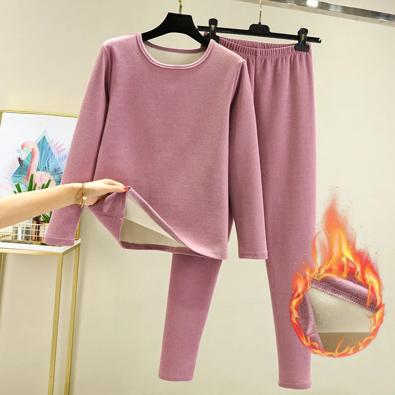 Thiened Fce Women's Warmth Set Long Sve round Ne Base Layer Two-Piece Set Inner Wear Home Clothes Thermal Underwear image 3