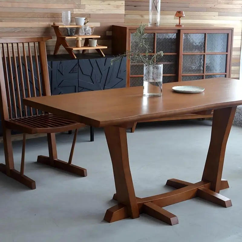 Pure solid wood dining table medieval retro style thickened rectangular small apartment living room Nordic log