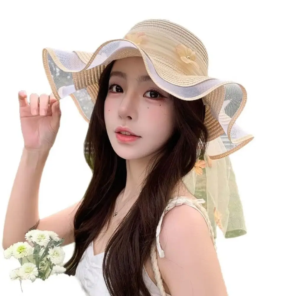 

Sweet Wide-brimmed Straw Hat Breathable with Mesh Bow Beach Hat Wave Edge Lace Flower Sun Hat for Summer Sun Protection