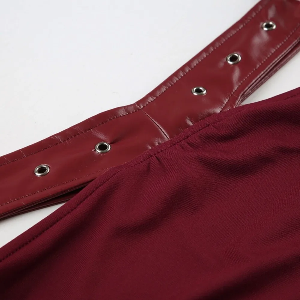 Sexy fora do ombro saia curta conjunto de couro estilo coreano com cinto bondage saia doce fino ajuste pacote hip saia streetwear