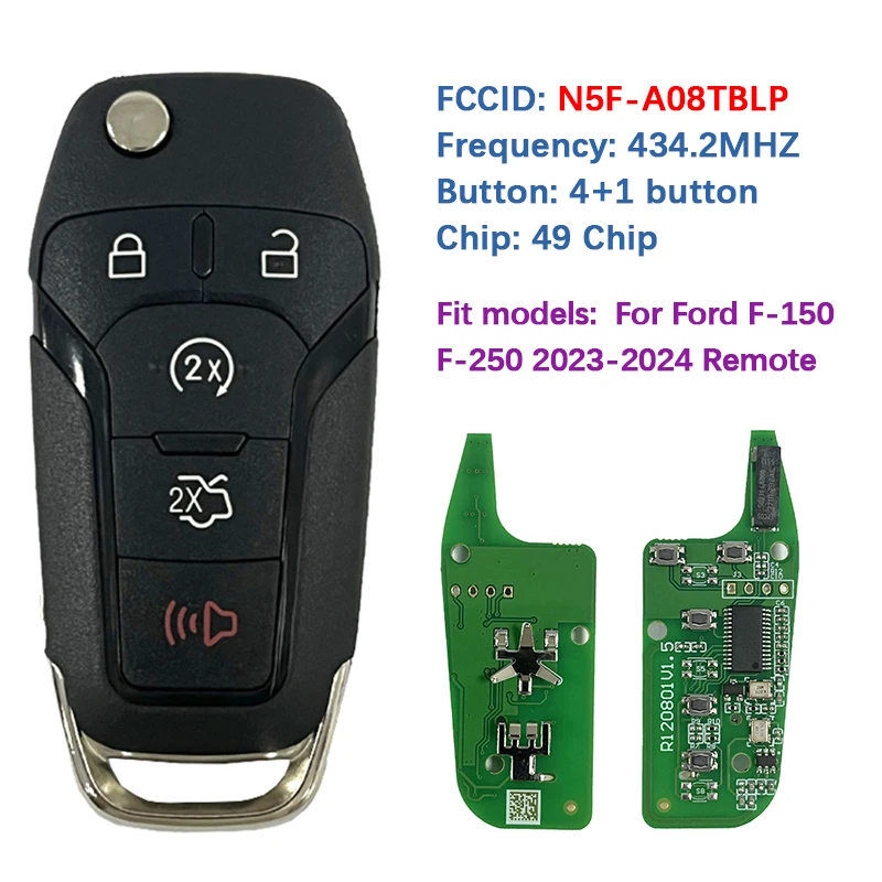 

CN018157 Послепродажный 5-кнопочный откидной дистанционный ключ 434 МГц 49 чипов FCC N5F-A08TBLP Автоматический запуск для Ford F 150 F 250 F Series 2023-2024