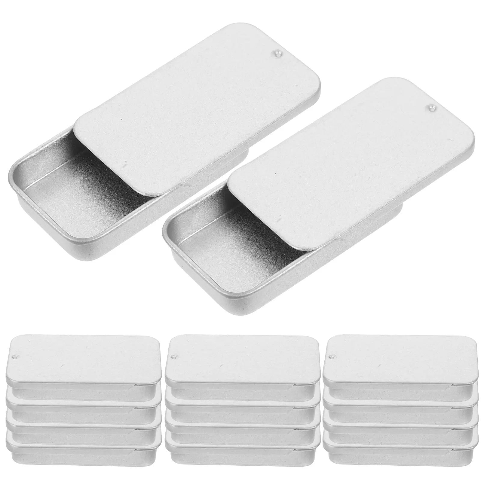

20pcs Balm 60x34x10mm Metal Storage Box Matte Silver Tinplate Sliding Lid Containers Compact Storage Small Metal Tins