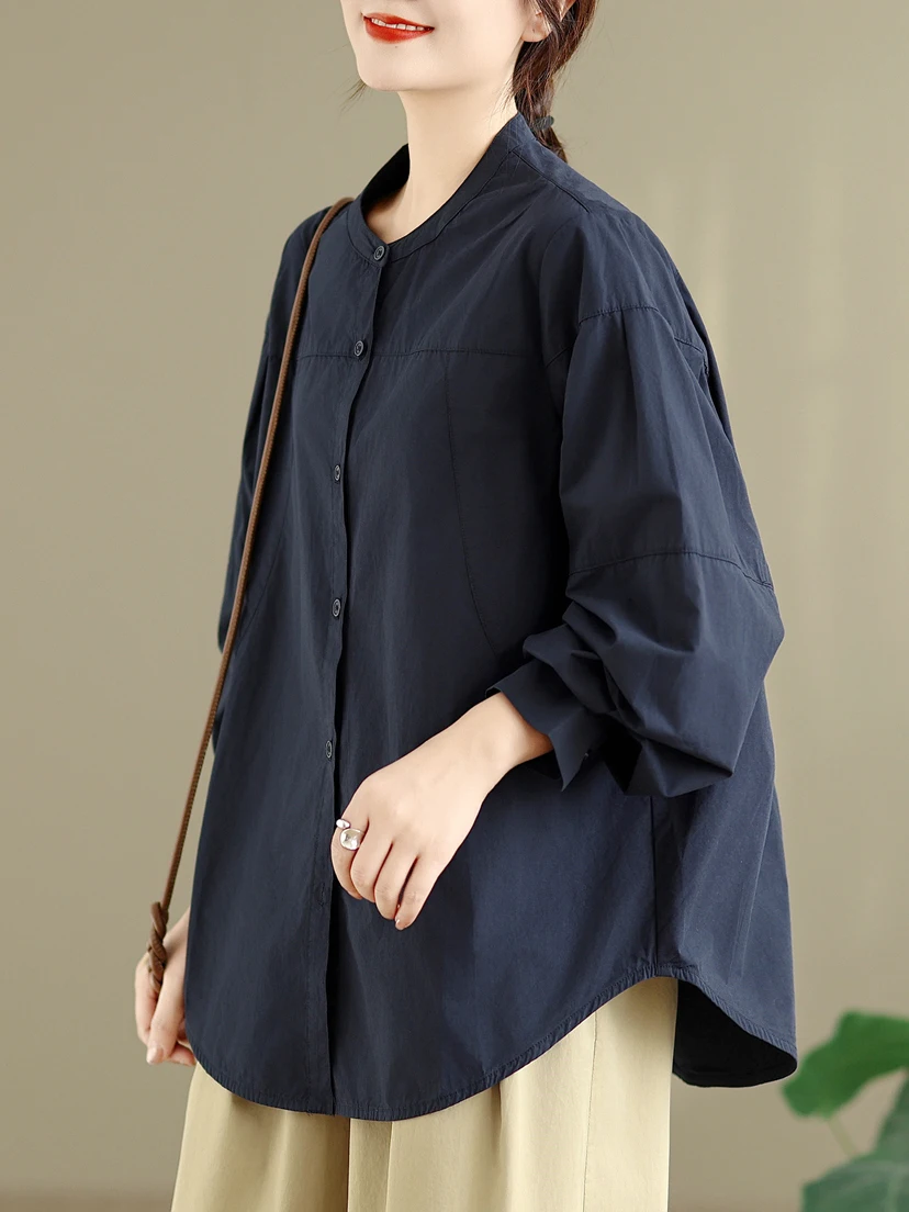 

Retro Style Long Sleeve Pure Color Shirt with Single Button Stand Collar Loose Fit Women's Casual Breathable Spring Shirt
