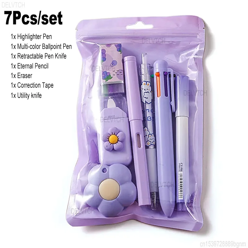 7Pcs Stationery Set Highlighter Pen Multi-color Ballpoint Pen Knife Utility Eternal Pencil Eraser Correction Tape Supplies