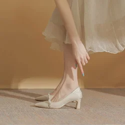 Wedding Bride Shoe Beige Chunky Heels High Pointed Toe Women's Shoes Ladies Footwear Square Pearl Genuine Mark Quality Lastest L