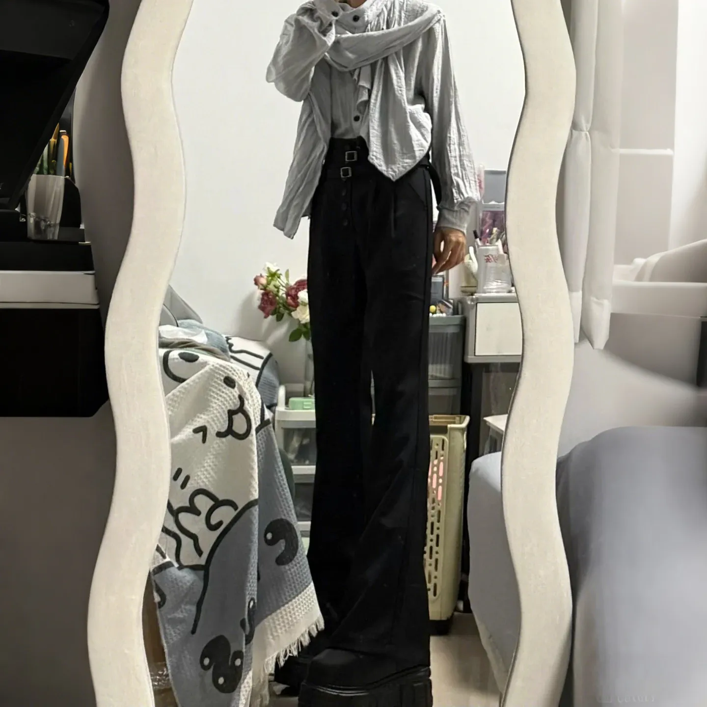 Gothic Double Belt High Waist Flare Pants Women Button Front Wide Leg Black Suit Trousers Dark Academia Streetwear