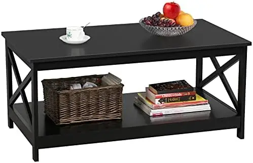 

Wood 2-Tier Black Coffee Table with for Living Room, X Design Accent Cocktail Table, Easy Assembly Home , 39.5 x 21.5 x 18 Inc