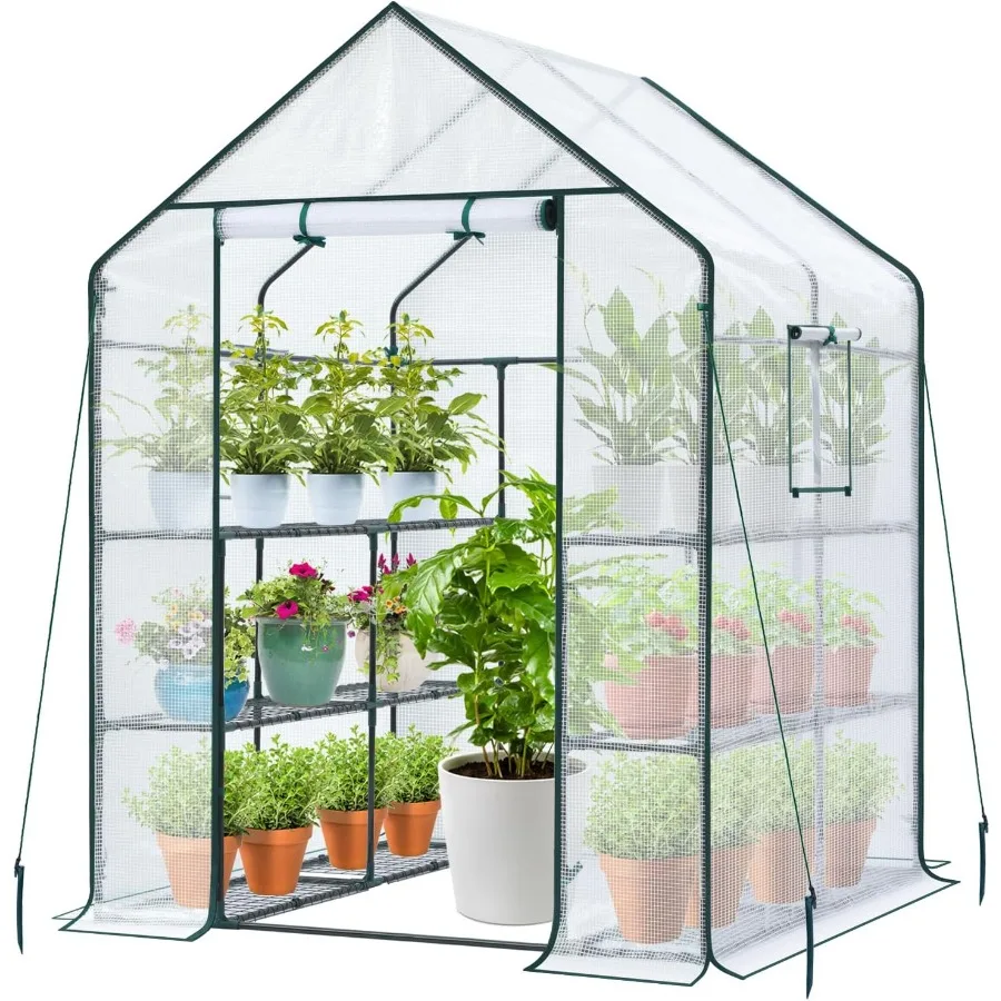 Ohuhu Outdoor Greenhouse with 3 Tiers and 12 Shelves: Heavy Duty Reinforced Plastic PE Cover Walkin Indoor Plant Stand for Gard