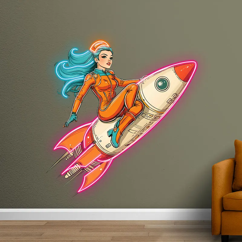 Astronaut Sitting On Rocket Acrylic Custom Neon Sign, Personalized LED Neon Sign Light, Creative Gift Neon Light For Home Decor