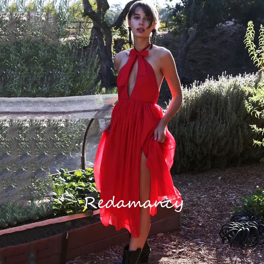 

Redamancy Red Bow Halter Chiffon A-LINE Homecoming Dresses 2024 Backless Slim Ankle-Length vestidos de novia Party Dress