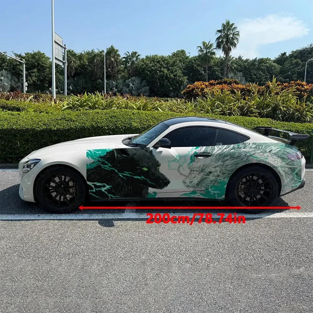 2pcs Cyan Lightning Wolf Dragon Car Side Wraps, Self-Adhesive PVC Waterproof & Scratch-Resistant Stickers, Car Accessory Gift