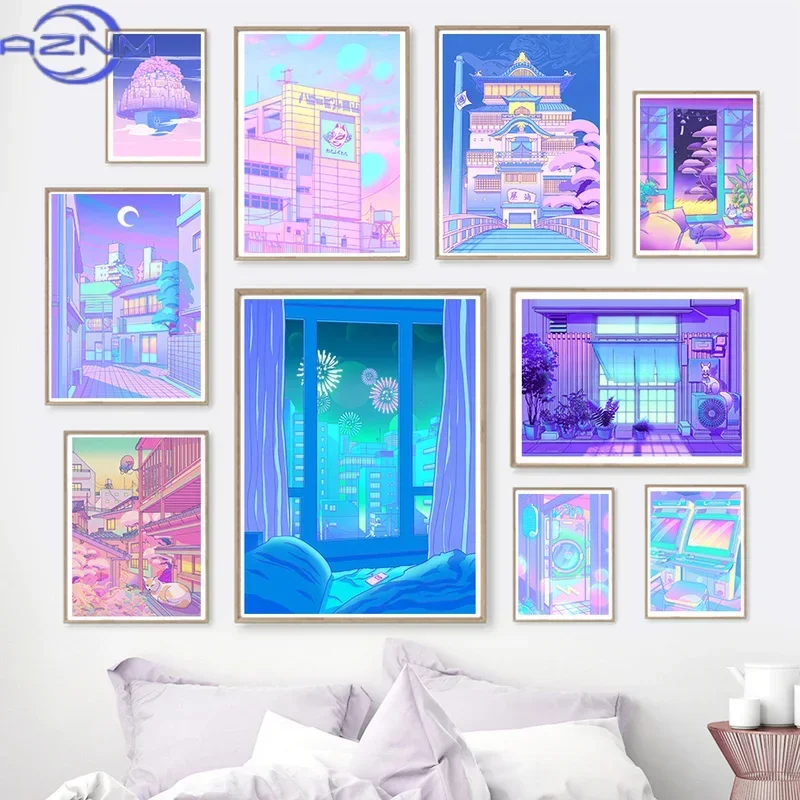 80s Vaporwave Style Wall Art Poster City Night Street Cat Canvas Painting Print Home Decoration Kawaii Room Decor Canvas Pict