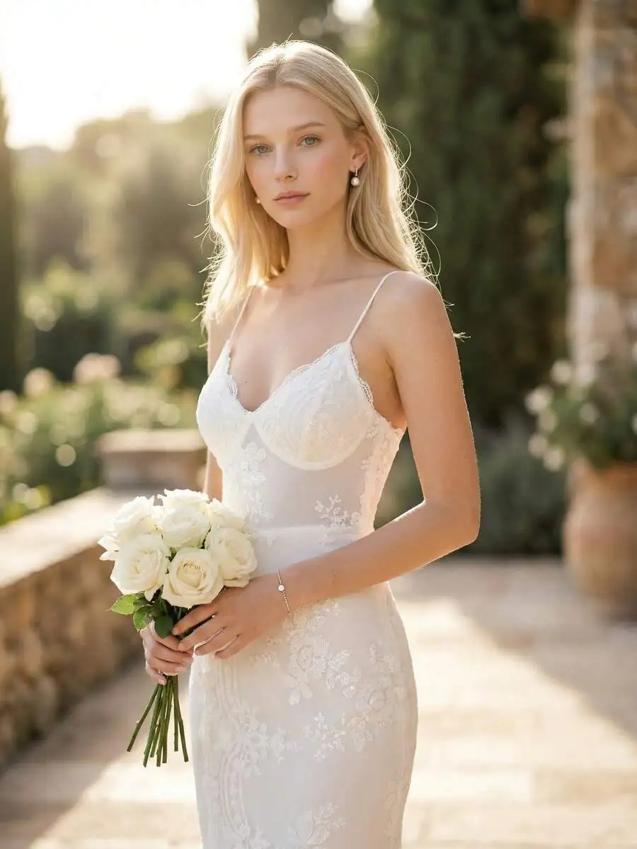 

White Sheer Lace Camisole Gown With Floral Embroidery, Wrap Hem, And V-Neck For Wedding, Prom, Graduation, Evening Events
