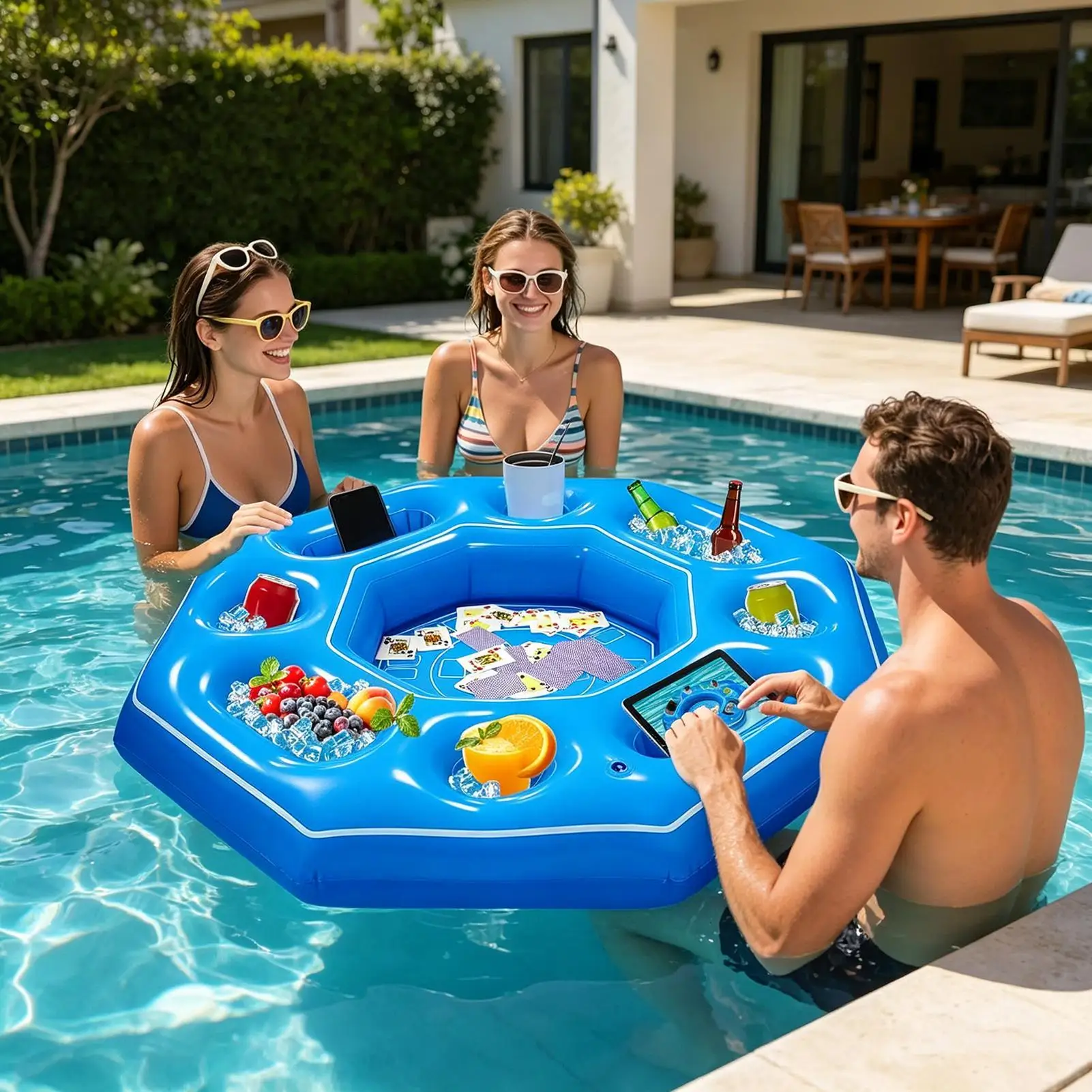 Octagonal Multifunctional Interactive Floating Game Table Summer Swim Pool Card Game Table For Water Park Beach Party Backyard
