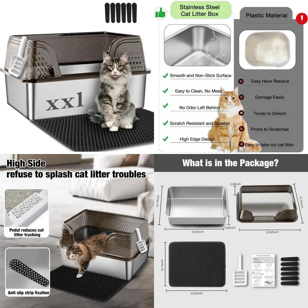 

Extra Large Stainless Steel Cat Litter Box with High Sides, Lid, Mat, and Scoop - XXL Anti-Urine Spillage Pet Accessories