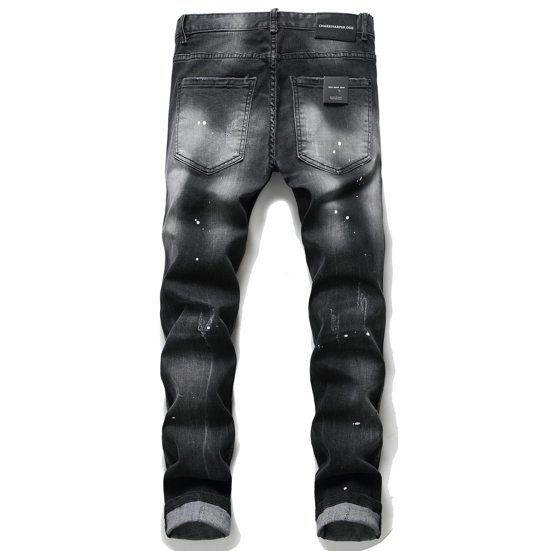 100Chareharper dsq1056 Ragged Splash Paint Men\'s Slim Ripped Stick Cloth Stretch Skinny Beggar Pants Italy High Quality Jeans