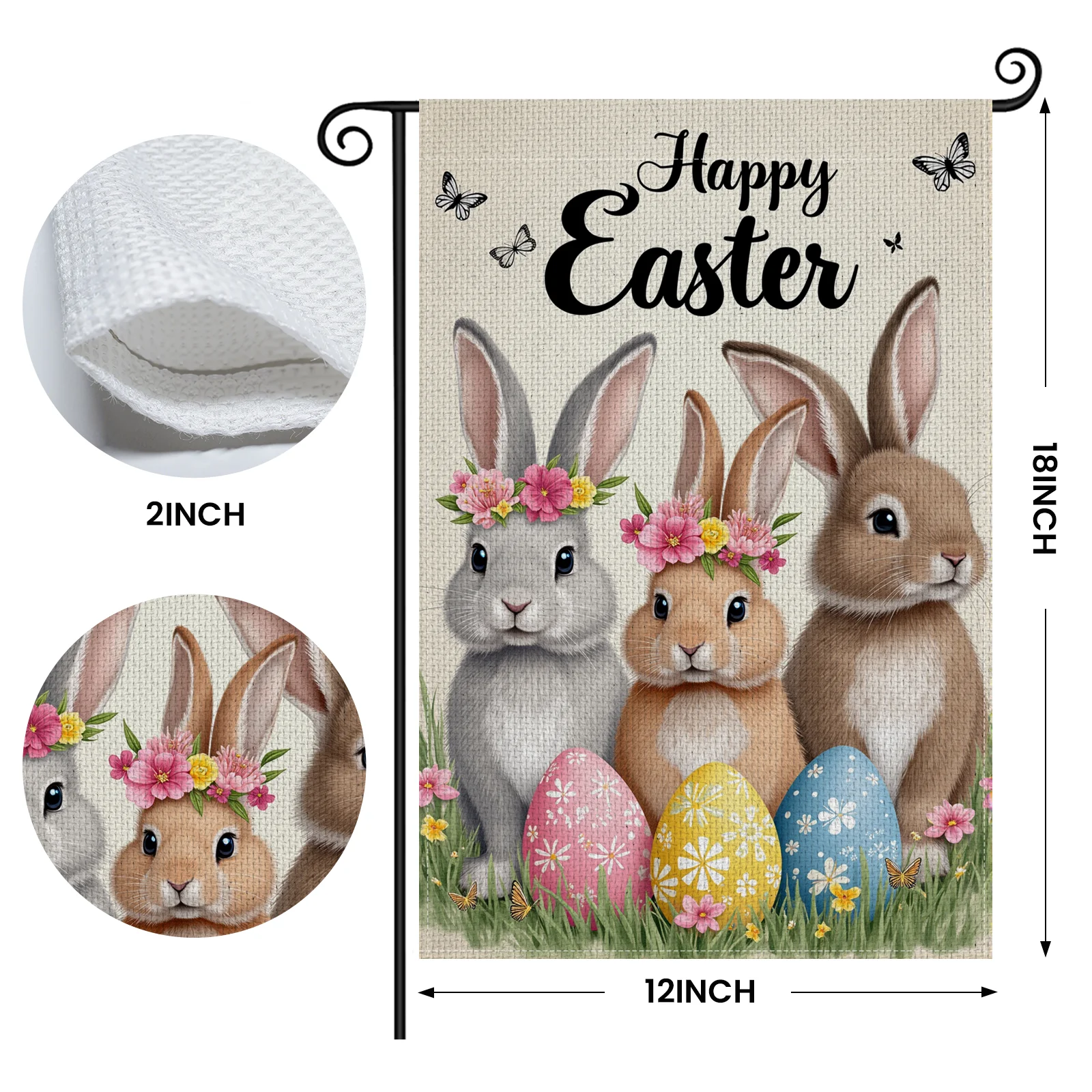 Happy Easter Garden Flag Cute Bunny Design Easter Egg Garden Banner Spring-inspired Butterfly Accent Outdoor Easter Flag for Eas