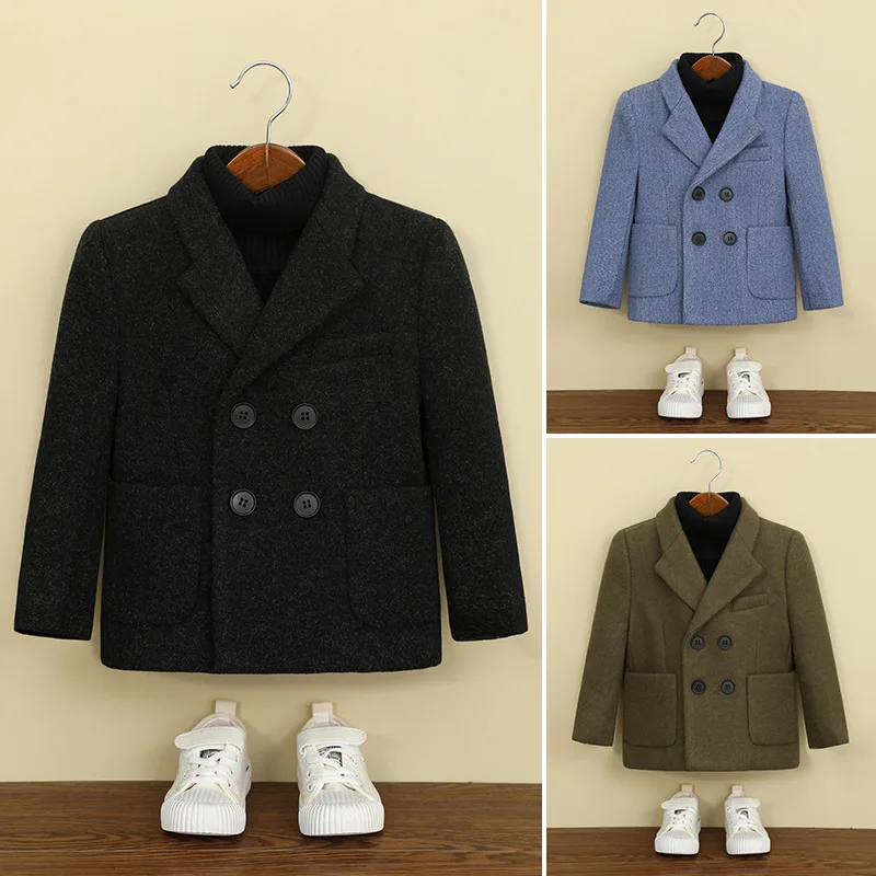 Boys Double Breasted Wool Blend Blazer Autumn Winter Lined Warm Tweed Coat Kids Wedding Flower Teen Boy Formal Suit Jacket 2-13y