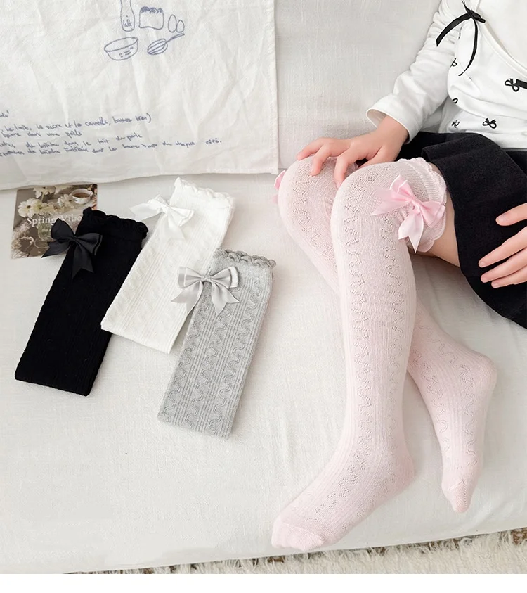 Lange Röhrensocken für Mädchen, Frühling/Sommer, dünne, gewellte Kniestrümpfe aus Baumwolle mit Schleife, süße Prinzessinnenstrümpfe – Detail 6