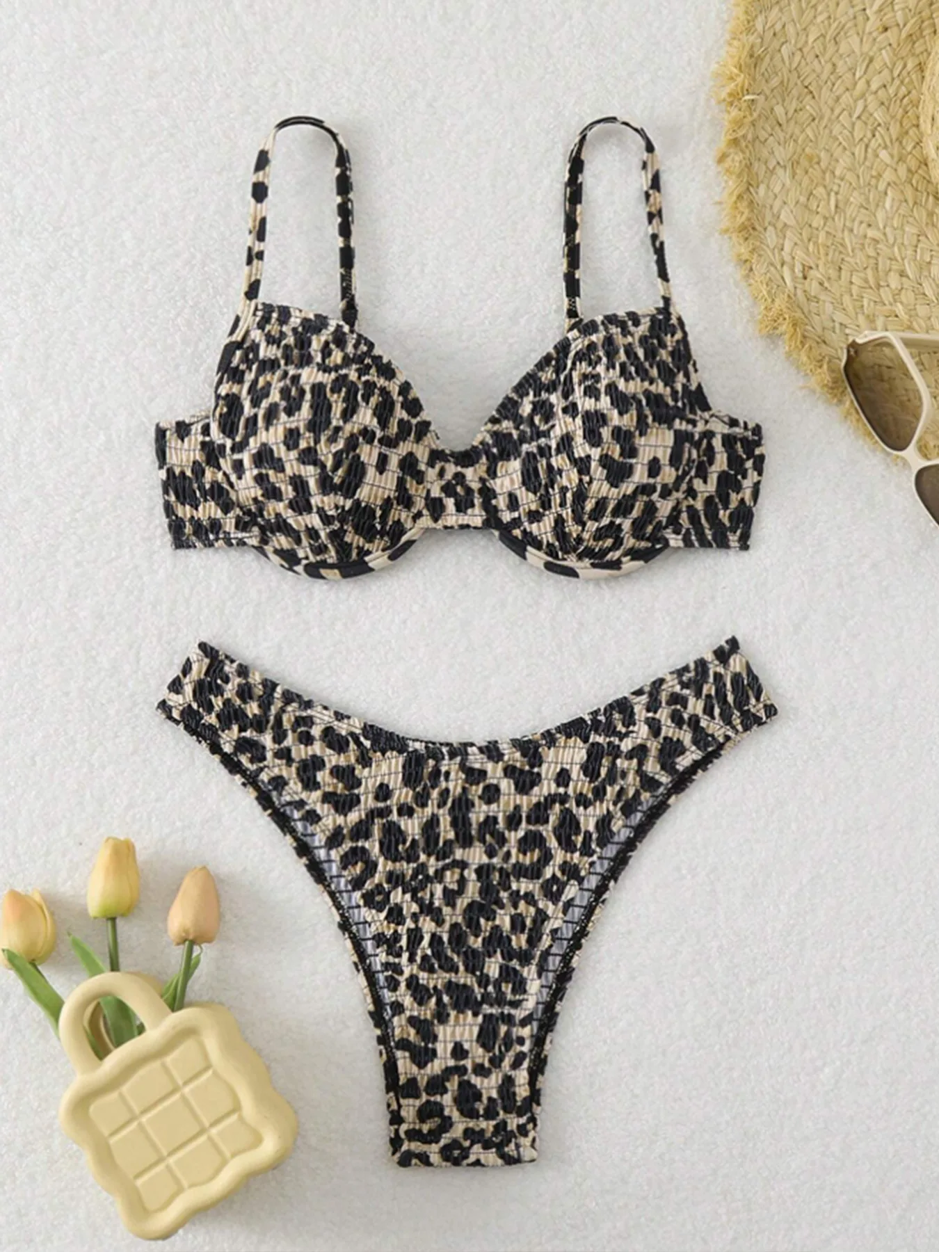 Sexy enrugado leopardo impressão push up bikinis define duas peças maiôs beachwear maiô biquini tankini trikini