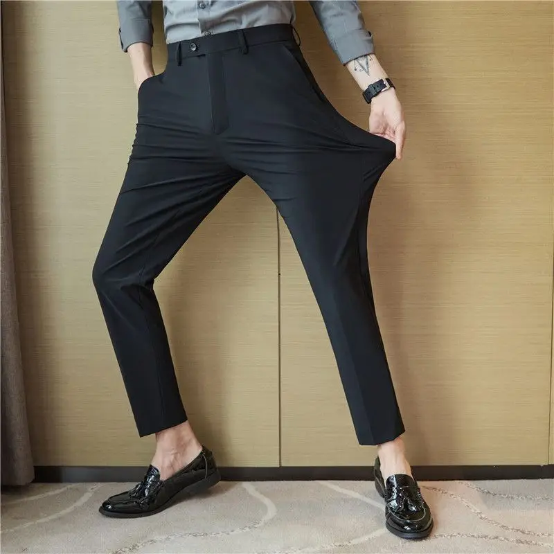 Fashion Men Slim Fit Dark Gray Smart Casual Suit Pants Spring Summer New Ice Silk High Elasticity Business Cropped Trousers 2024