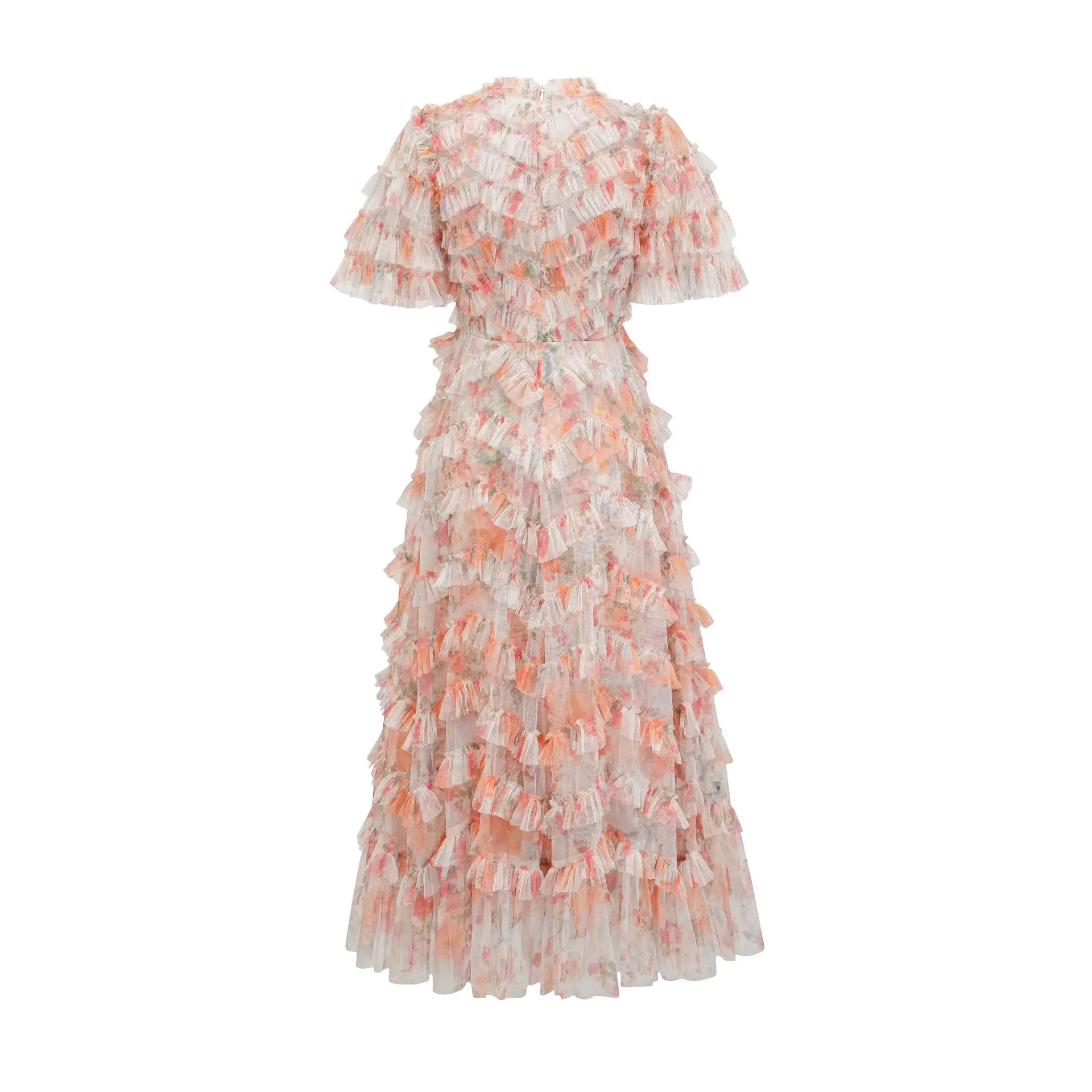 فستان زهري جديد بأكمام قصيرة ورقبة على شكل حرف V، عطلة طويلة وأكمام قصيرة