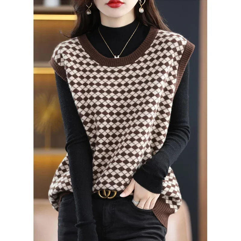 Women Clothes Sleeveless Plaid Knitted Sweater Vest Loose Simple Fashion Casual Pullovers Female Top