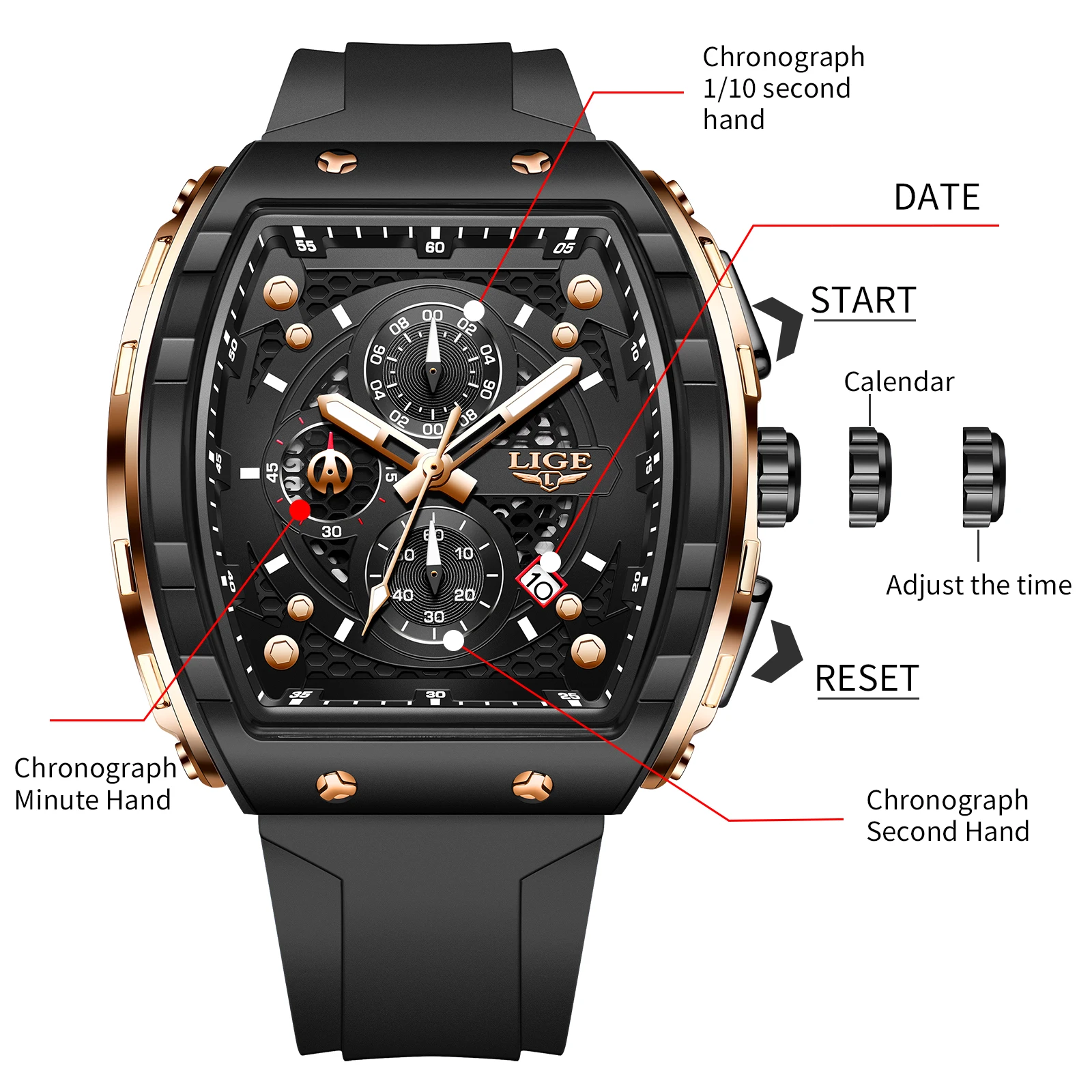 LIGE Outdoor Square Casual Sport Quartz Man Watch Top Brand Luxury Watches Fashion 50M Waterproof Auto Date Silicone Chronograph