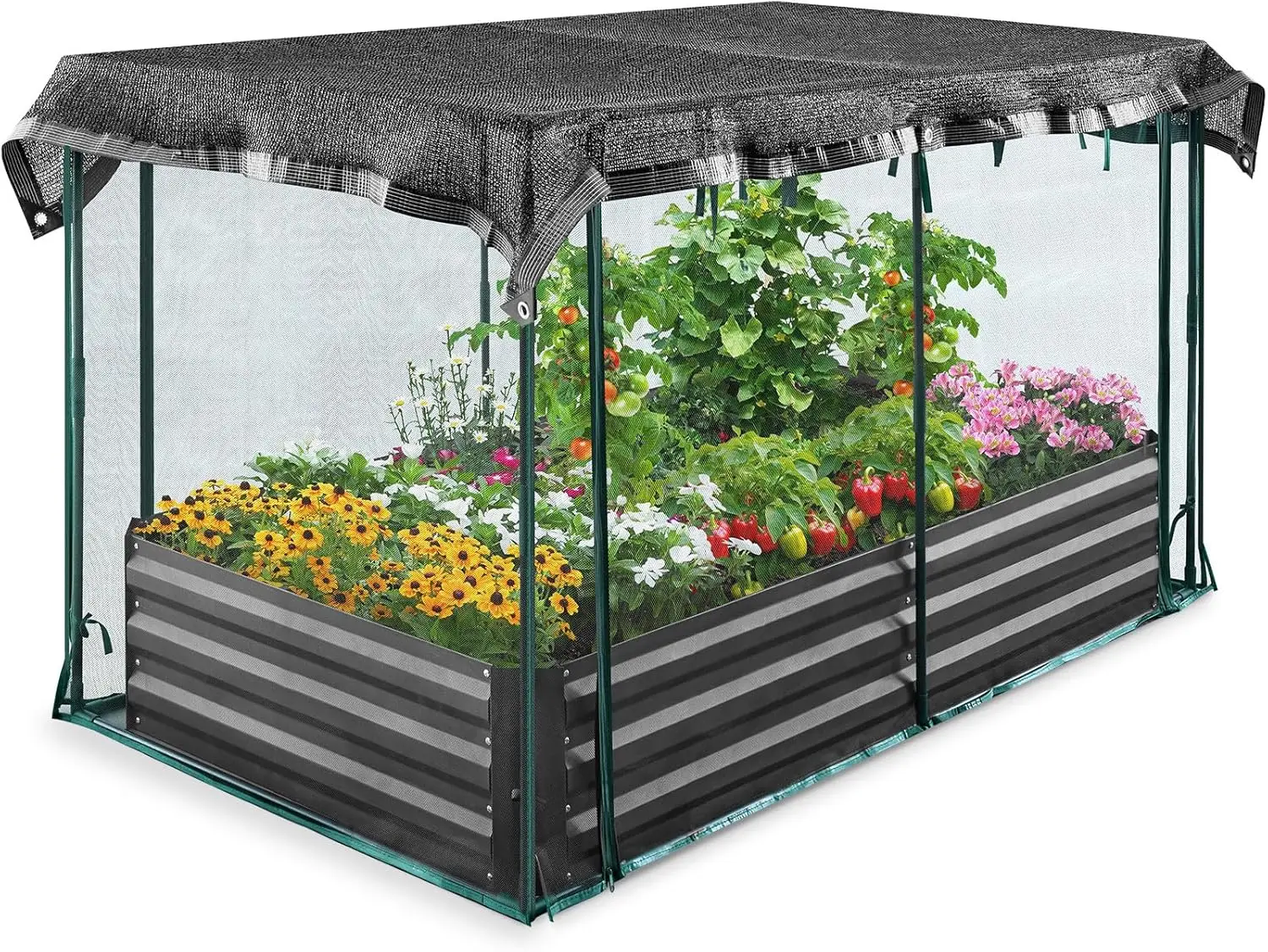 Quictent Galvanized Raised Garden Bed With Crop Cage Plant Protection Net Tent And Shade Cloth Kit Metal Planter Box Bottomless