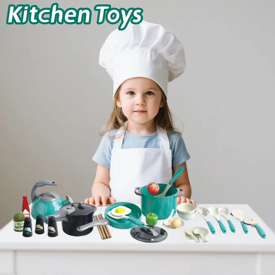 32pcs Children's Toys Play House Kitchen Toy Set, Pretend Cooking Toy Set Accessories with Pots, Cutlery, Food,Canned Vegetables