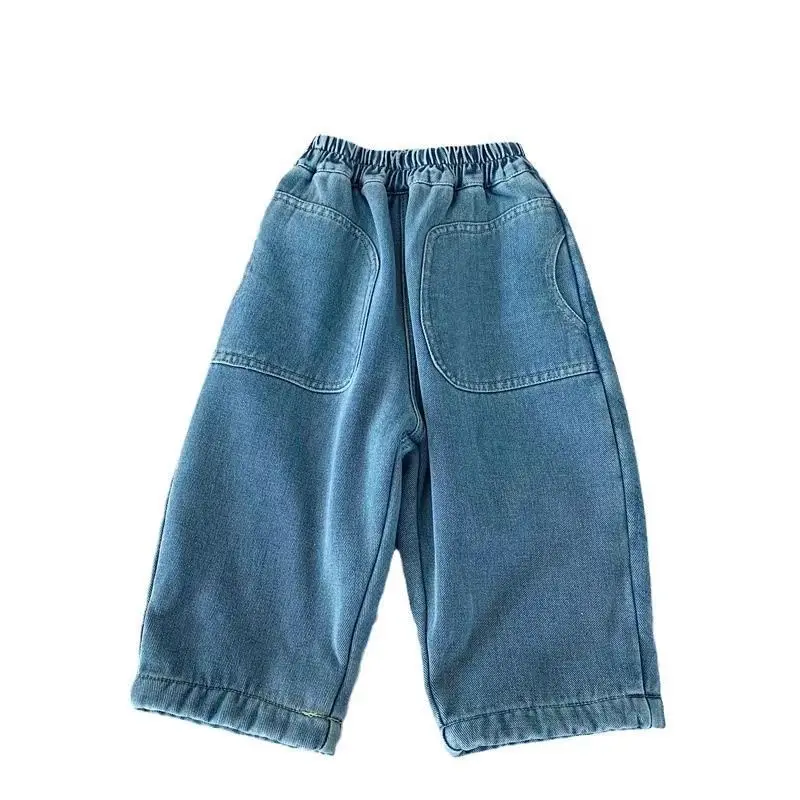 Children's Fleece Jeans Autumn and Winter Fleece Style Casual Versatile Loose Straight Leg Pants for Male and Female Babies