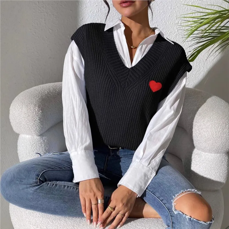 MsChuh Pullover Vest Women's Jumper All-match Loose Simple Style Sweater Love Contrast Casual Commuting Daily Lazy Fashionable